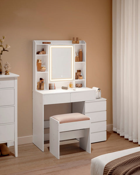 Rootz LED Dressing Table - Vanity Table - Makeup Desk - Cloud White - Modern Design - 40cm x 97.5cm x 145cm
