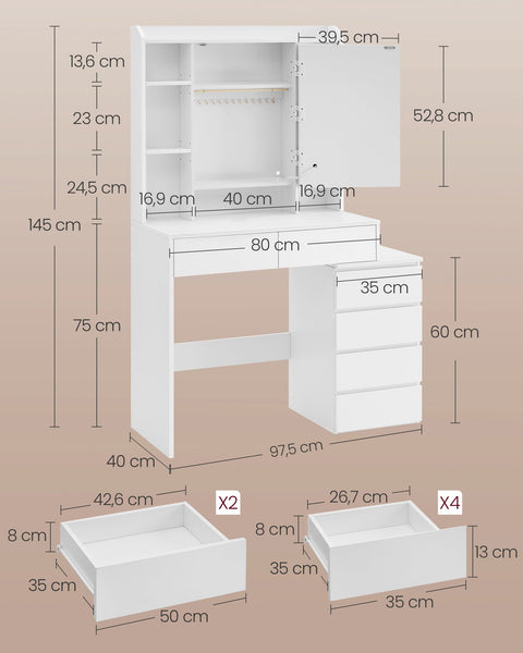 Rootz LED Dressing Table - Vanity Table - Makeup Desk - Cloud White - Modern Design - 40cm x 97.5cm x 145cm