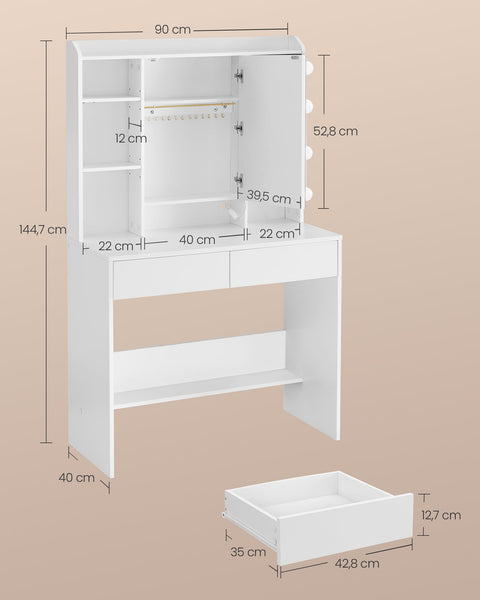 Rootz Dressing Table - Vanity Table - Makeup Desk - Chipboard Material - Spacious Storage - Easy Assembly - Anti-Tip Feature - Cloud White - 40cm x 90cm x 144.7cm