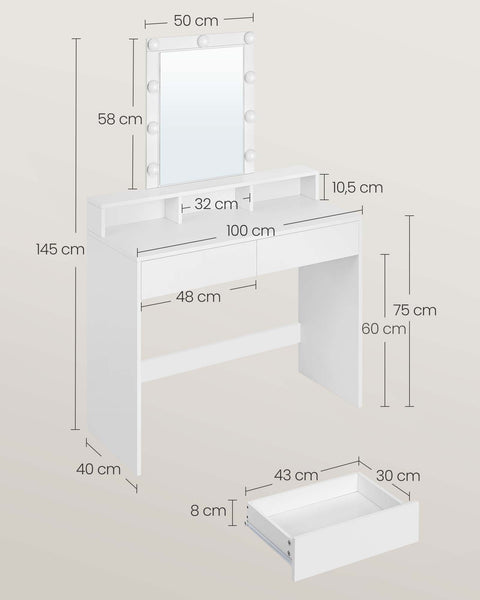 Rootz White Chipboard Dressing Table - Vanity Desk - Makeup Table - Spacious Storage - 40cm x 100cm x 145cm