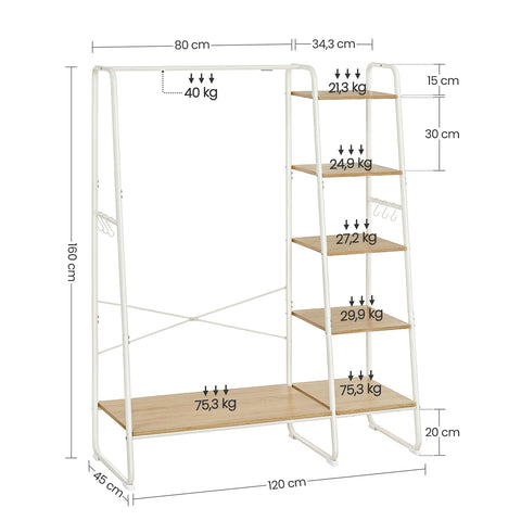 Rootz Oak White Clothes Rack - Wardrobe Organizer - Chipboard Steel - Heavy Duty - Spacious - Easy Assembly - 45cm x 120cm x 160cm