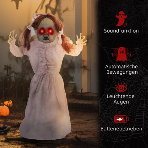 Rootz Animated Halloween Decoration - Spooky Girl Prop - Motion Activated - Glowing Red Eyes - Creepy Talking Voice - 50cm x 15cm x 76cm