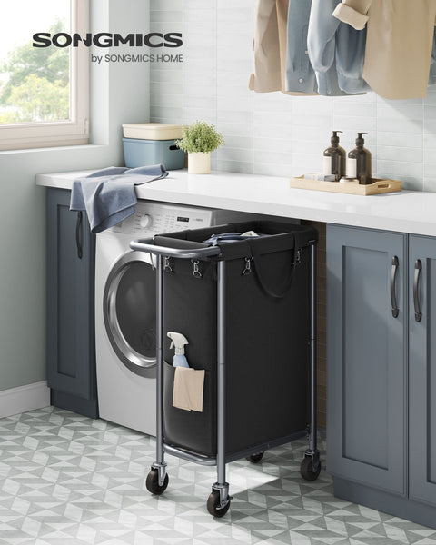 Rootz Laundry Basket on Wheels - Rolling Hamper - Collapsible Storage Bin - Steel Frame - 61cm x 29cm x 81cm - Ink Black - 600D Oxford Fabric - Lightweight - Easy Assembly - Portable
