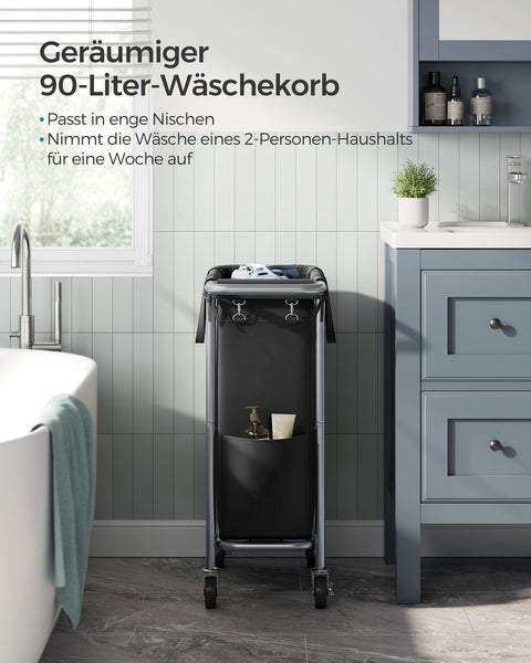 Rootz Laundry Basket on Wheels - Rolling Hamper - Collapsible Storage Bin - Steel Frame - 61cm x 29cm x 81cm - Ink Black - 600D Oxford Fabric - Lightweight - Easy Assembly - Portable