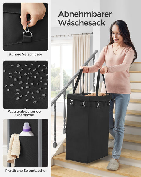 Rootz Laundry Basket on Wheels - Rolling Hamper - Collapsible Storage Bin - Steel Frame - 61cm x 29cm x 81cm - Ink Black - 600D Oxford Fabric - Lightweight - Easy Assembly - Portable