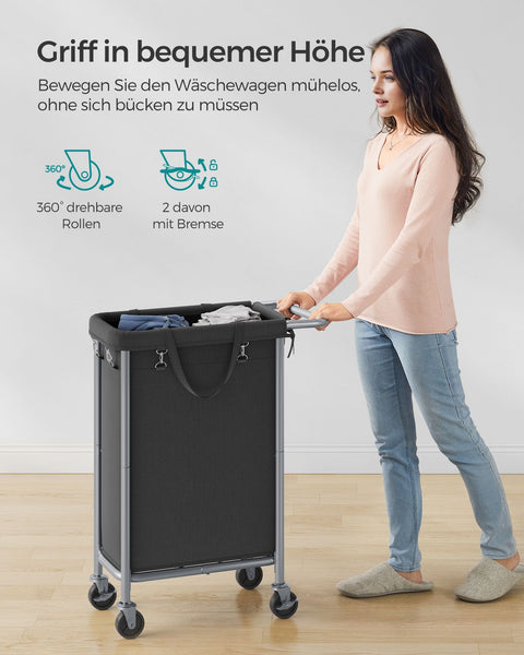 Rootz Laundry Basket on Wheels - Rolling Hamper - Collapsible Storage Bin - Steel Frame - 61cm x 29cm x 81cm - Ink Black - 600D Oxford Fabric - Lightweight - Easy Assembly - Portable