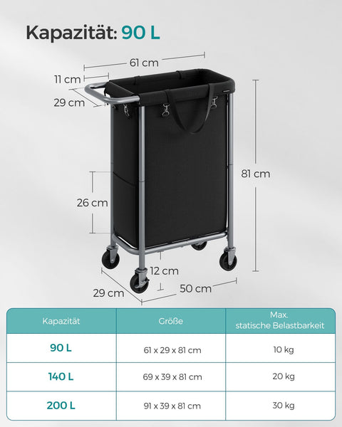 Rootz Laundry Basket on Wheels - Rolling Hamper - Collapsible Storage Bin - Steel Frame - 61cm x 29cm x 81cm - Ink Black - 600D Oxford Fabric - Lightweight - Easy Assembly - Portable