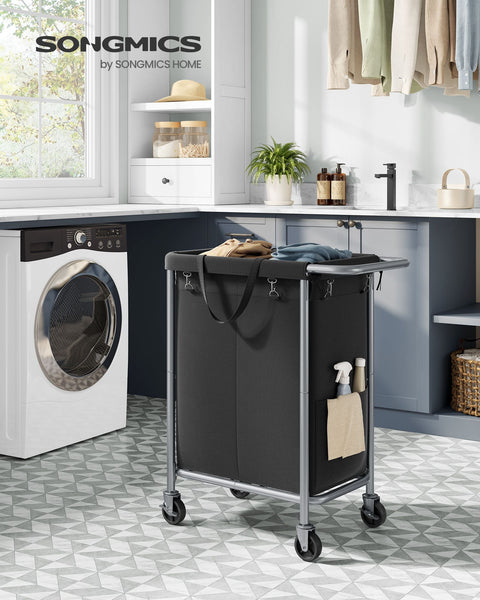 Rootz Laundry Basket on Wheels - Rolling Hamper - Portable Storage Bin - Steel Frame - 69cm x 39cm x 81cm - Ink Black - 600D Oxford Fabric - Lightweight - Easy Assembly - Convenient Mobility
