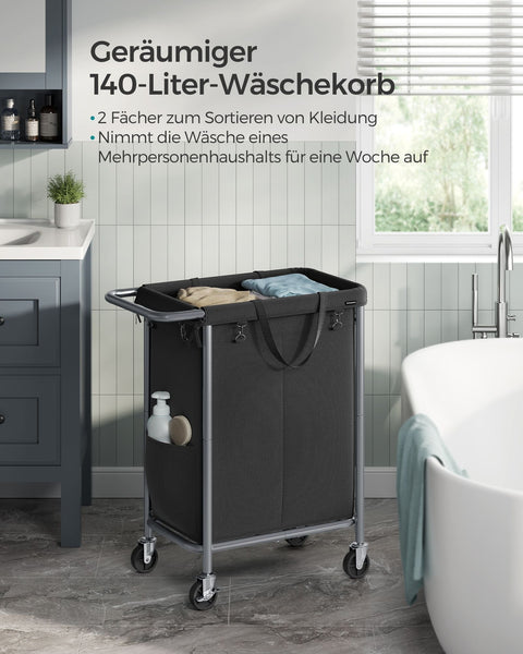 Rootz Laundry Basket on Wheels - Rolling Hamper - Portable Storage Bin - Steel Frame - 69cm x 39cm x 81cm - Ink Black - 600D Oxford Fabric - Lightweight - Easy Assembly - Convenient Mobility