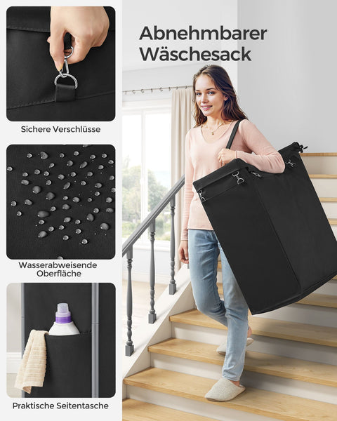 Rootz Laundry Basket on Wheels - Rolling Hamper - Portable Storage Bin - Steel Frame - 69cm x 39cm x 81cm - Ink Black - 600D Oxford Fabric - Lightweight - Easy Assembly - Convenient Mobility