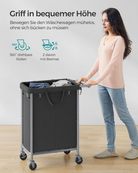 Rootz Laundry Basket on Wheels - Rolling Hamper - Portable Storage Bin - Steel Frame - 69cm x 39cm x 81cm - Ink Black - 600D Oxford Fabric - Lightweight - Easy Assembly - Convenient Mobility