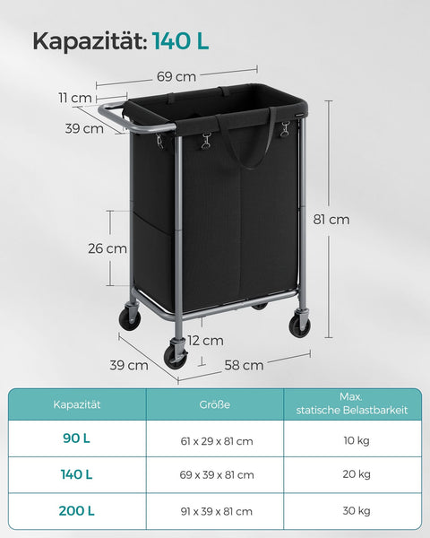 Rootz Laundry Basket on Wheels - Rolling Hamper - Portable Storage Bin - Steel Frame - 69cm x 39cm x 81cm - Ink Black - 600D Oxford Fabric - Lightweight - Easy Assembly - Convenient Mobility