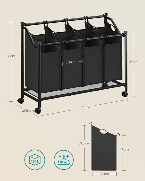 Rootz 4-Bag Laundry Sorter - Clothes Organizer - Detachable Bags - Heavy-Duty Construction - 105cm x 38.5cm x 81cm