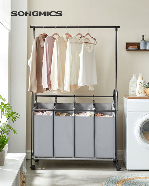 Rootz Gray Laundry Trolley - Clothes Rack - Rolling Cart - Powder-Coated Steel - 600D Polyester - Plastic Wheels - 108cm x 44cm x 172cm - Lightweight - Spacious - Easy Assembly