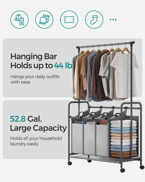 Rootz Gray Laundry Trolley - Clothes Rack - Rolling Cart - Powder-Coated Steel - 600D Polyester - Plastic Wheels - 108cm x 44cm x 172cm - Lightweight - Spacious - Easy Assembly