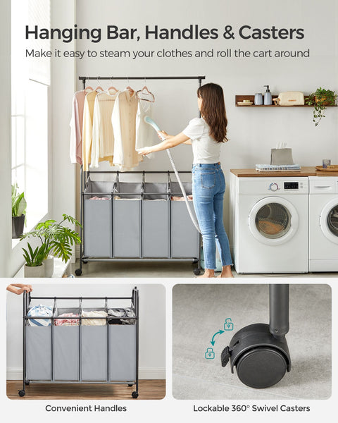 Rootz Gray Laundry Trolley - Clothes Rack - Rolling Cart - Powder-Coated Steel - 600D Polyester - Plastic Wheels - 108cm x 44cm x 172cm - Lightweight - Spacious - Easy Assembly