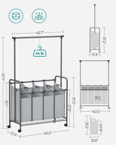 Rootz Gray Laundry Trolley - Clothes Rack - Rolling Cart - Powder-Coated Steel - 600D Polyester - Plastic Wheels - 108cm x 44cm x 172cm - Lightweight - Spacious - Easy Assembly