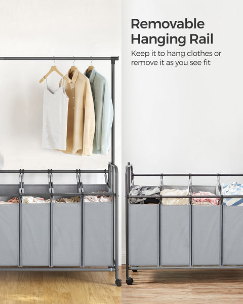 Rootz Gray Laundry Trolley - Clothes Rack - Rolling Cart - Powder-Coated Steel - 600D Polyester - Plastic Wheels - 108cm x 44cm x 172cm - Lightweight - Spacious - Easy Assembly
