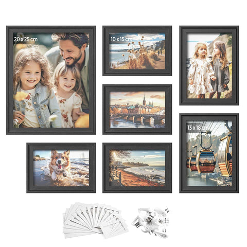 Rootz 7 Piece Ash Black Photo Frame Set - Wall Decor - MDF & Glass - Size 23 x 28 cm, 15.3 x 20.4 cm, 12.8 x 17.9 cm - Lightweight - Mounts & Hooks Included