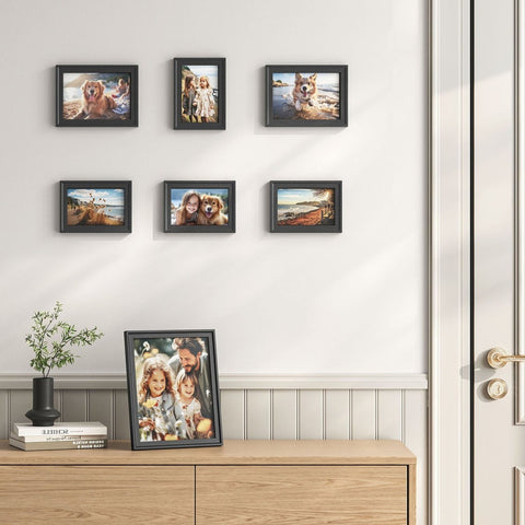 Rootz 7 Piece Ash Black Photo Frame Set - Wall Decor - MDF & Glass - Size 23 x 28 cm, 15.3 x 20.4 cm, 12.8 x 17.9 cm - Lightweight - Mounts & Hooks Included