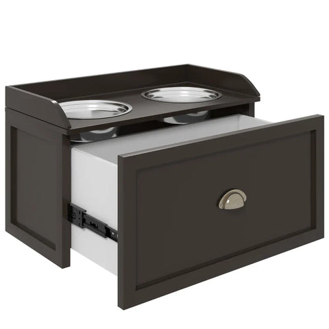 Rootz Feeding Station - Raised Feeding Bowls - 2 Feeding Bowls - 2 Stainless Steel Bowls - 1 Storage Space - Brown - 60 x 30 x 36 cm