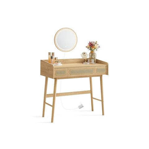 Rootz Dressing Table with Mirror and Lighting - Vanity Set - Makeup Table - Solid Wood Legs - MDF - Oak Beige - 43cm x 90cm x 82cm