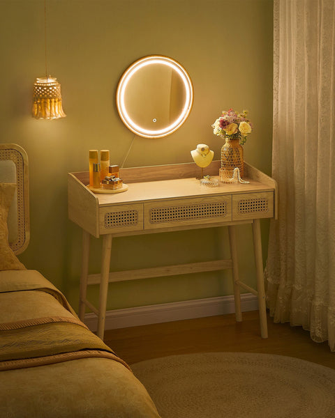 Rootz Dressing Table with Mirror and Lighting - Vanity Set - Makeup Table - Solid Wood Legs - MDF - Oak Beige - 43cm x 90cm x 82cm