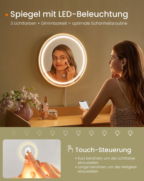 Rootz Dressing Table with Mirror and Lighting - Vanity Set - Makeup Table - Solid Wood Legs - MDF - Oak Beige - 43cm x 90cm x 82cm
