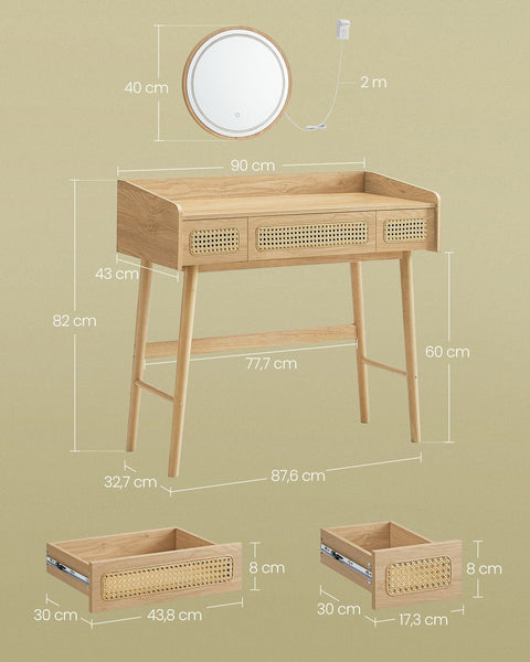 Rootz Dressing Table with Mirror and Lighting - Vanity Set - Makeup Table - Solid Wood Legs - MDF - Oak Beige - 43cm x 90cm x 82cm