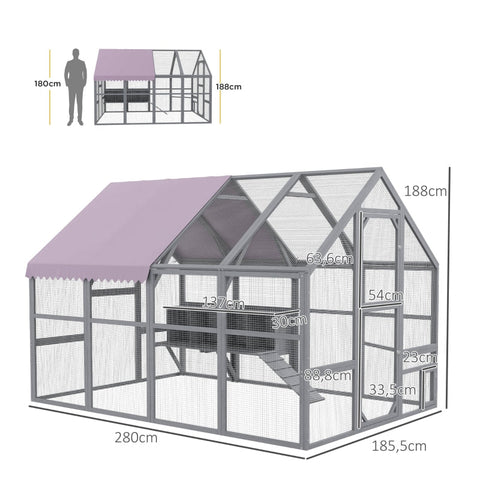 Rootz Chicken Coop - Chicken House - Walk-In Enclosure - Weather Resistant - Spacious Design - Durable Materials - Convenient Nesting Boxes - 280cm x 185.5cm x 188cm - Fir Wood & Metal