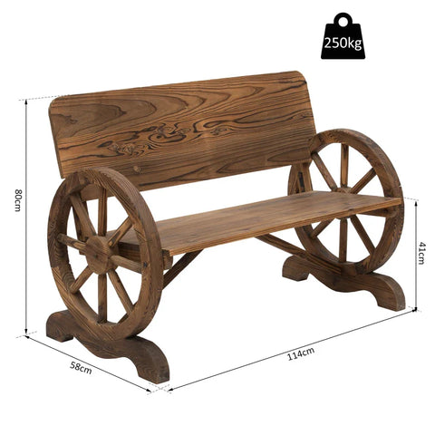 Rootz Garden Bench with Armrests - Wagon Wheels Design Bench - Garden Furniture - Rustic Bench - Solid Wood - Brown - 114 x 58 x 80 cm
