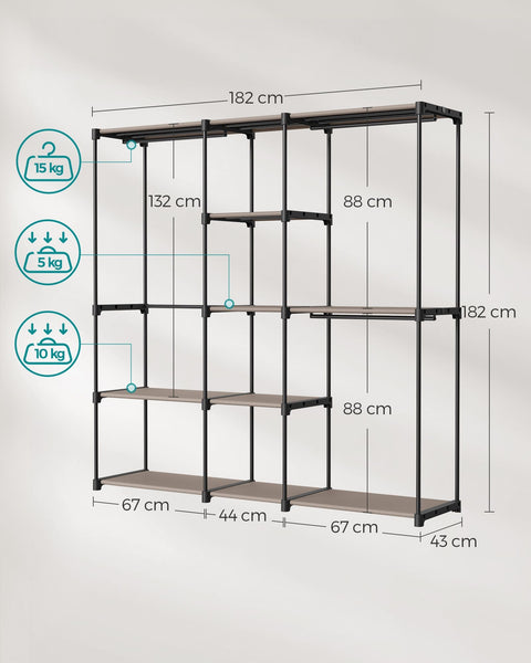 Rootz Open Kledingkast - Kledingrek - Closet Organizer - Stalen frame - Taupe - 182cm x 43cm x 182cm - Heavy Duty - Eenvoudige montage - Ruime opbergruimte