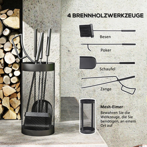 Rootz Fireplace Cutlery Set - 5-Piece Fire Tool Accessories - Metal Construction - Black Coating - Space-Saving Design - 33.5cm x 16cm x 47cm