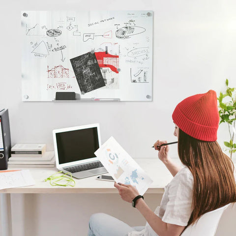 Rootz Glass Whiteboard - Memo Board - Whiteboard - 4 Pens - 6 Magnets - 1 Sponge - 1 Shelf - Office Supplies - White - 90L x 60W cm