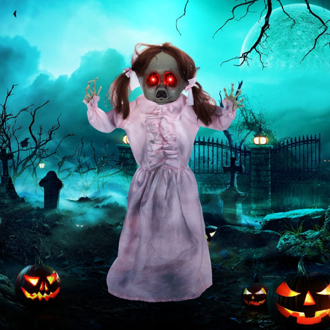 Rootz Animated Halloween Decoration - Spooky Girl Prop - Motion Activated - Glowing Red Eyes - Creepy Talking Voice - 50cm x 15cm x 76cm