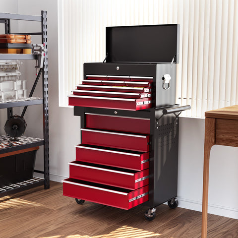 Rootz Tool Trolley - Workshop Trolley - Mobile Tool Chest - Lockable Drawers - Red Steel - 14 Drawers - 60x26x34cm & 76x33x75cm