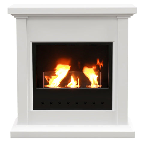 Rootz Bioethanol Fireplace - Metal Burner - Indoor Fireplace - 3 Hour Burn - Protective Glass - 400ml Capacity - White