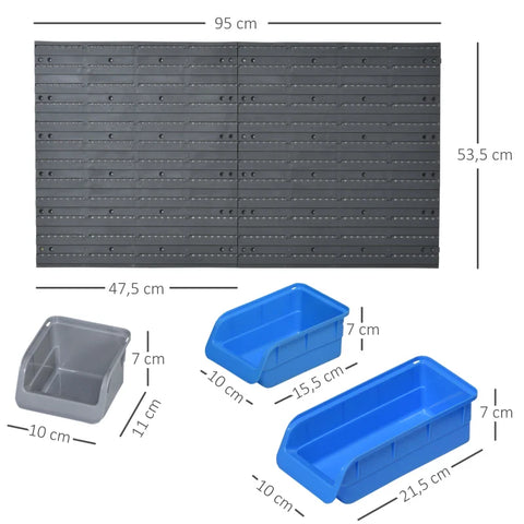 Rootz Tool Rack Organizer - Wall Mounted - Storage Bins - Panel Set with Shelf - Stacking Containers - Hook Screws - Blue - 54 x 22 x 95 cm