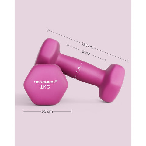 Rootz 2 Piece Set Pink Dumbbells - Cast Iron - Neoprene Coating - Toning - 13.5cm x 6.5cm - 1kg x 2