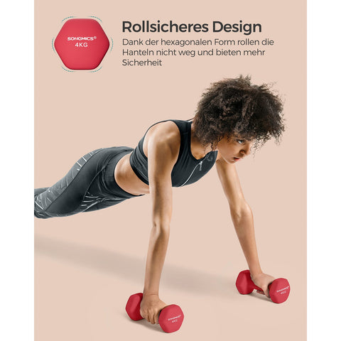 Rootz Neoprene Coated Dumbbells Set - Red Cast Iron Weights - Pair of Hand Weights - Non-Slip Grip - Compact Size - 20.5cm x 9.5cm - 4kg x 2 - Home Gym Equipment