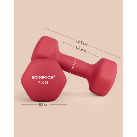 Rootz Neoprene Coated Dumbbells Set - Red Cast Iron Weights - Pair of Hand Weights - Non-Slip Grip - Compact Size - 20.5cm x 9.5cm - 4kg x 2 - Home Gym Equipment