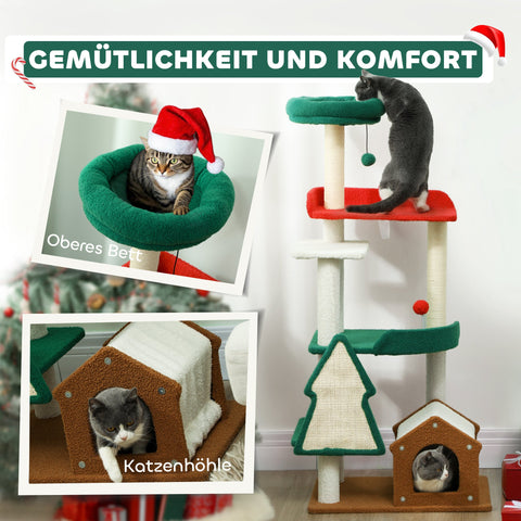 Rootz 135 cm Cat Scratching Post - Christmas Cat Tree - Play Tower - 6 Levels of Fun - 60L x 45W x 135H cm