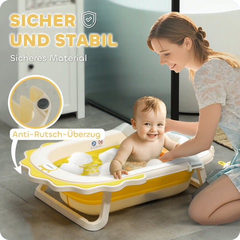 Rootz Foldable Baby Bath Tub - Sink - Non-Slip Bathtub - Comfortable Bath Cushion - 80.5cm x 55cm x 20cm (Yellow)