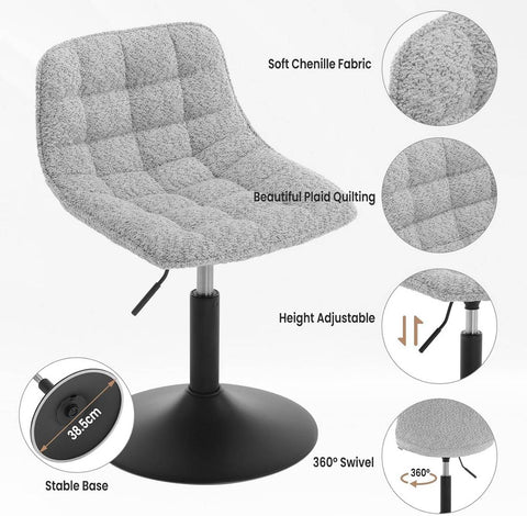 Rootz Chenille Bar Stool - Makeup Chair - Vanity Seat - Breathable Fabric - 42.5cm x 35cm - Heights Adjust 38-49.5cm