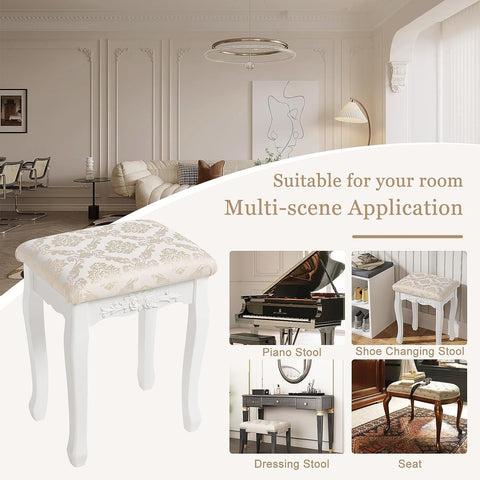 Rootz Makeup Stool - Vanity Chair - Baroque Style - E1 MDF - White - 40cm x 50cm x 30cm