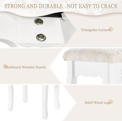 Rootz Makeup Stool - Vanity Chair - Baroque Style - E1 MDF - White - 40cm x 50cm x 30cm