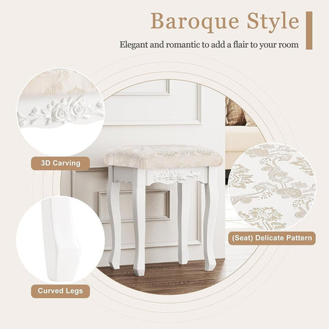 Rootz Makeup Stool - Vanity Chair - Baroque Style - E1 MDF - White - 40cm x 50cm x 30cm