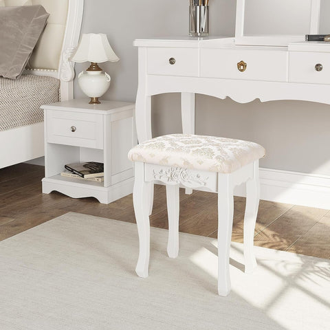 Rootz Makeup Stool - Vanity Chair - Baroque Style - E1 MDF - White - 40cm x 50cm x 30cm
