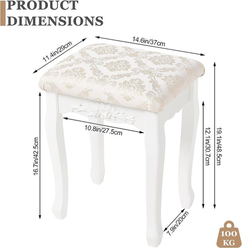Rootz Makeup Stool - Vanity Chair - Baroque Style - E1 MDF - White - 40cm x 50cm x 30cm