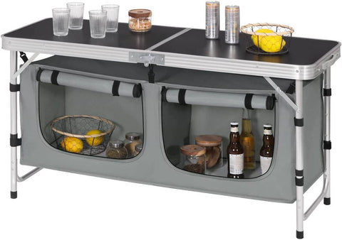 Rootz Verstelbare Campingtafel - Buitentafel - Draagbaar bureau - Duurzame aluminiumlegering - Weerbestendig - Compact ontwerp - Geïntegreerde opslag - 47 cm x (62-69,5) cm x 120 cm